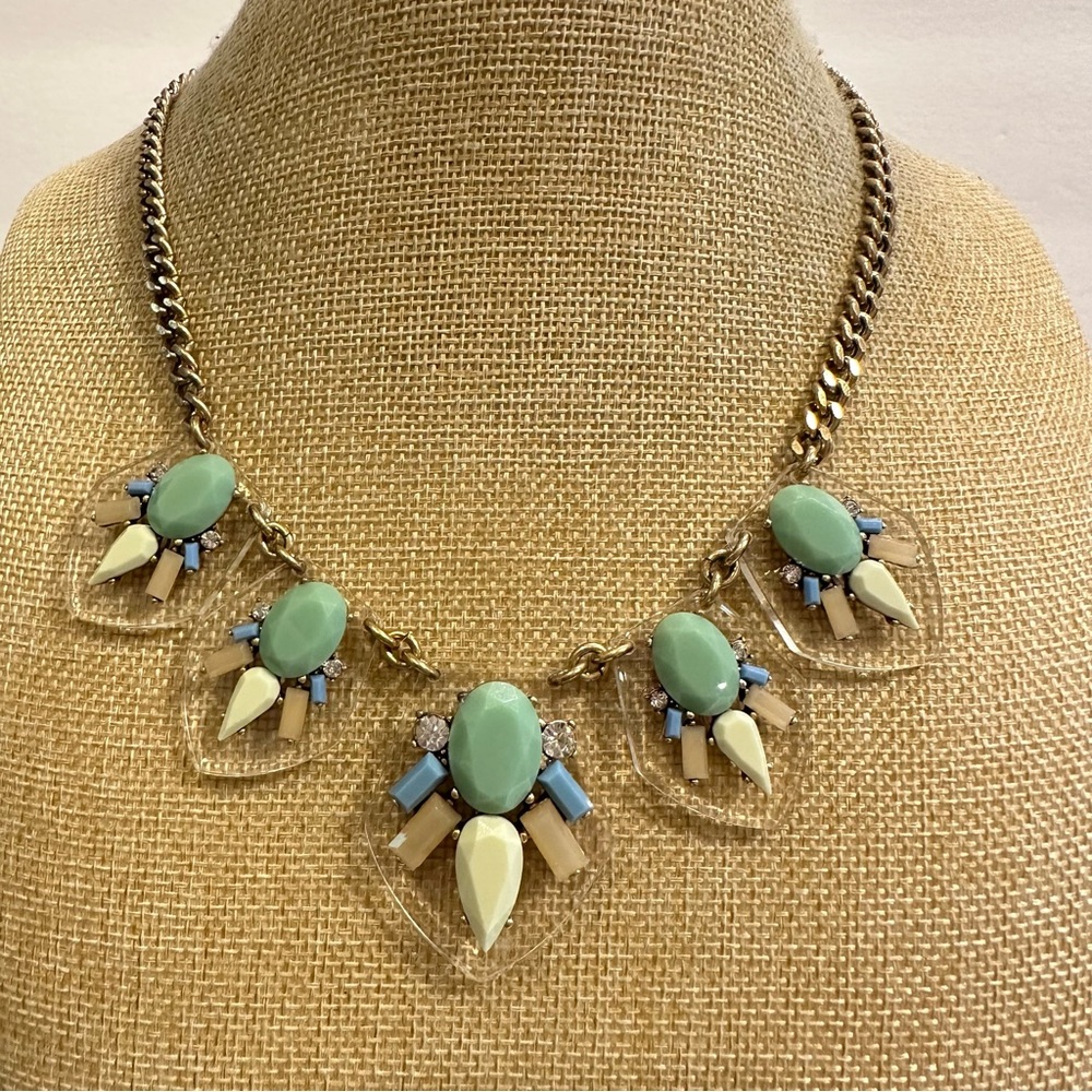 J. CREW Statement Necklace gold Clear Lucite/ greens, blue, tan jewels, crystals